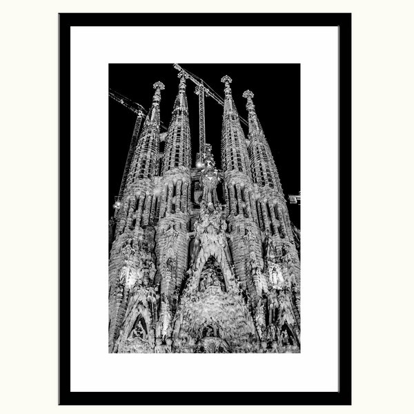 La Segrada Familia, Barcelona, Spain, Black and White Photographic Print