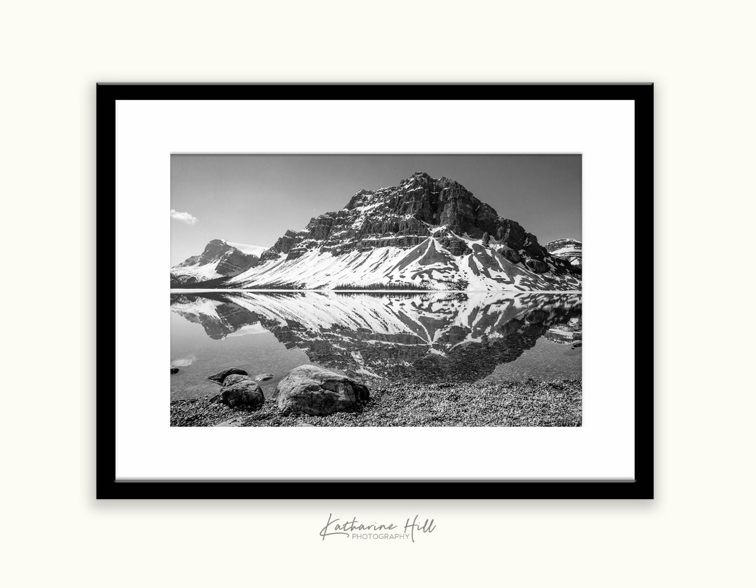 Symmetrical Reflections in Black and White, Bow Lake & Crowfoot ...
