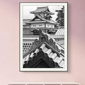Kanazawa Rooftops Print: Black and White Japanese Architecture Photography