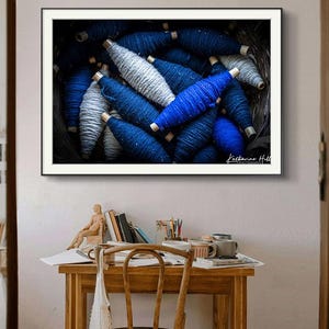 Craft Room Decor: Blue Wool Spools Photographic Print for Weaving Art and Meditative Home Decor, M16