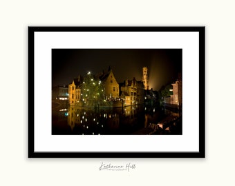 Bruges by Night, Colour Photographic Art Print, Belgium, Travel Photography, Nightscape, Canals of Bruges, Watercolour Paper, Archival Inks