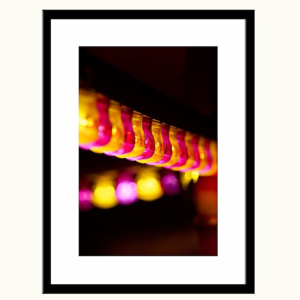 Pink & Yellow Carnival Lights, Colour Photographic Print, Carnival Lighting, Warm Glow, Lounge Decor, Vintage Lamps, Bulbs, Funfair, Night
