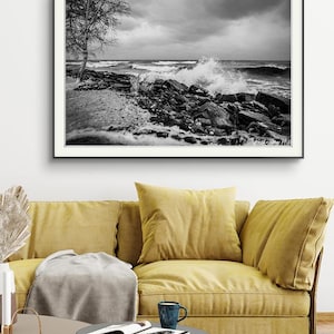 Lake Ontario Black and White Photography Print: Crashing Waves, Stormy Sky