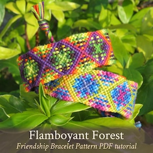 May include: Two colorful friendship bracelets with diamond patterns, featuring shades of purple, green, blue, yellow, and orange. The bracelets are displayed on a bed of green leaves. The text "Flamboyant Forest" and "Friendship Bracelet Pattern PDF tutorial" are visible.