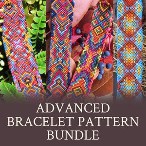 May include: An image showcasing a collection of colorful woven friendship bracelets with intricate geometric patterns. The bracelets feature a variety of vibrant colors, including red, blue, yellow, and green. Text at the bottom reads "ADVANCED BRACELET PATTERN BUNDLE."
