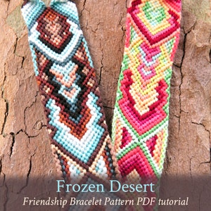 May include: Two friendship bracelets with colorful geometric patterns. The bracelet on the left has a blue, white, brown, and orange pattern. The bracelet on the right has a pink, green, yellow, and white pattern. The bracelets are on a brown, textured surface. The text "Frozen Desert" and "Friendship Bracelet Pattern PDF tutorial" is below the bracelets.