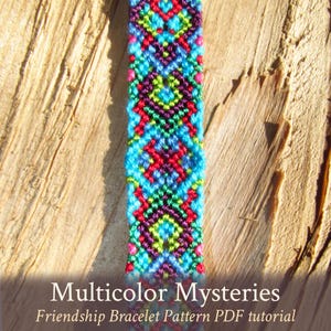 May include: Multicolored friendship bracelet pattern PDF tutorial. The bracelet is made with a variety of colors, including red, blue, green, purple, and yellow.