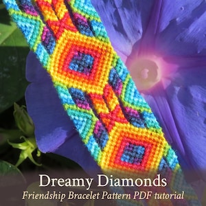 May include: A colorful friendship bracelet with a diamond pattern, made with embroidery floss. The bracelet is called "Dreamy Diamonds" and is a PDF tutorial.