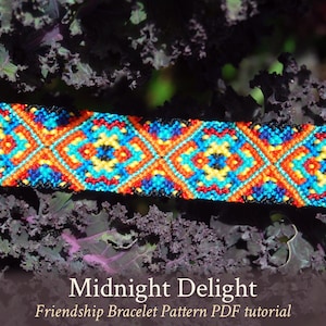 May include: A colorful friendship bracelet pattern with a geometric design in shades of blue, red, yellow, and black. The pattern is called "Midnight Delight" and is available as a PDF tutorial.