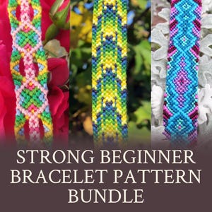 May include: A collection of three colorful friendship bracelets with intricate woven patterns. The bracelets feature various color combinations, including pink, green, blue, and yellow. Text at the bottom reads "STRONG BEGINNER BRACELET PATTERN BUNDLE."