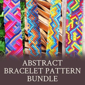 May include: An assortment of colorful woven bracelets with geometric patterns. The bracelets feature a variety of colors including red, blue, yellow, and green. The text "ABSTRACT BRACELET PATTERN BUNDLE" is displayed below the bracelets.