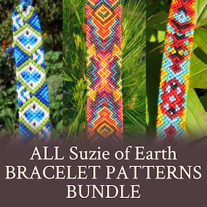 May include: Three colorful handmade friendship bracelets with geometric patterns. The bracelets feature blue, green, red, yellow, and orange threads. Text on the image reads "ALL Suzie of Earth BRACELET PATTERNS BUNDLE."