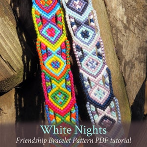 May include: Two colorful friendship bracelets with geometric patterns. The bracelet on the left is made with bright colors like red, orange, yellow, green, blue, and purple. The bracelet on the right is made with shades of blue and white. The bracelets are hanging on a wooden surface. The text "White Nights Friendship Bracelet Pattern PDF tutorial" is at the bottom of the image.