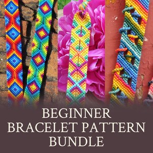 May include: A collection of colorful handmade friendship bracelets with geometric patterns. The bracelets feature vibrant hues of blue, yellow, green, orange, and pink. The image also includes the text "BEGINNER BRACELET PATTERN BUNDLE".