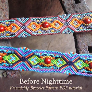 May include: Two friendship bracelets with colourful geometric patterns and red beads. The bracelets are on a rusty metal surface. The text "Before Nighttime" and "Friendship Bracelet Pattern PDF tutorial" is below the bracelets.