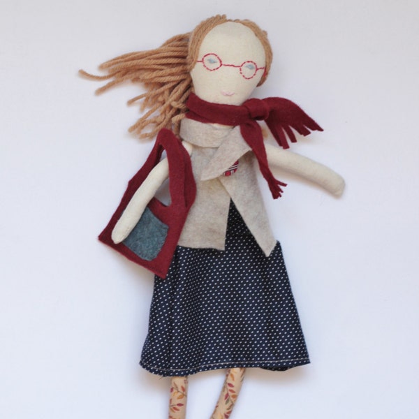 Handmade cloth doll girl with glasses teacher blue eyes blonde hair bag  red grey navy ooak cloth fabric textile rag