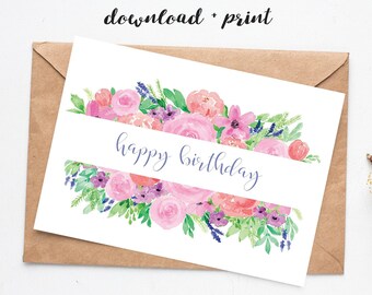 Printable Birthday Card for Her, Instant Download PDF Watercolour Flower Card, Horizontal 7x5, Cut and Fold