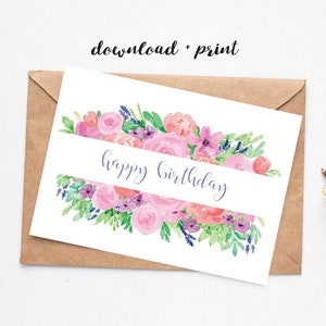 Cartão de aniversário para impressão para ela, download instantâneo PDF Cartão de flores em aquarela, horizontal 7x5, cortado e dobrado