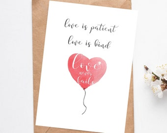 Printable Valentine Card/Anniversary/Wedding/Love Card, Instant Download, Watercolour Love is Patient Bible Verse, 5x7