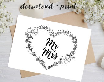 Printable Wedding Card, Instant Download PDF, Mr & Mrs Black and White Floral Card, 5x7, Print and Cut