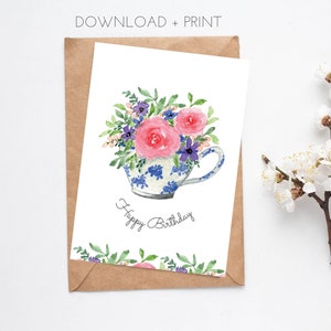 Cartão de aniversário para impressão para ela, cartão de xícara de chá e flores em aquarela, download instantâneo em PDF, vertical 5x7", cortar e dobrar
