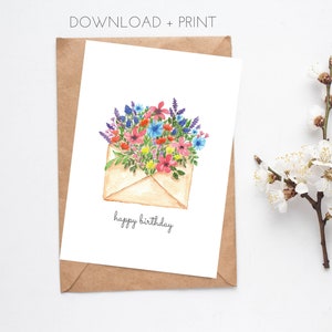 Cartão de aniversário para impressão para ela, download instantâneo de cartão floral em aquarela, 5x7
