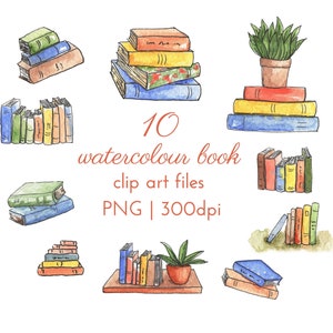 10 file di arte di clip del libro dell&#39;acquerello, illustrazioni del libro di download istantaneo, PNG 300dpi con sfondo trasparente, licenza commerciale inclusa