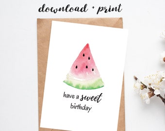 Printable Birthday Card, Instant Download, Watercolour Watermelon Card for Her, 5x7