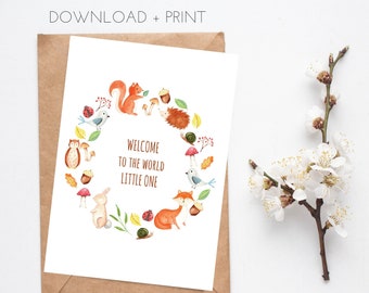 Printable Baby Card Unisex, Baby Card for a Boy or Girl, Watercolour Woodland Animals, Instant Download PDF, Vertical 5x7", Cut and Fold