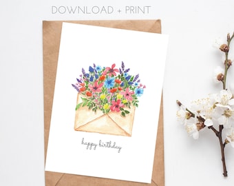 Printable Birthday Card for Her, Instant Download Watercolour Floral Card, 5x7