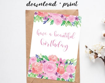 Printable Birthday Card for Her, Instant Download PDF Watercolour Floral Card, 5x7, Cut and Fold