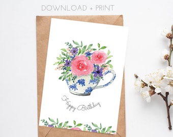 Printable Birthday Card for Her, Watercolour Teacup & Flowers Card, Instant Download PDF, Vertical 5x7", Cut and Fold
