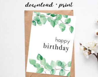 Printable Birthday Card, Instant Download, Watercolour Eucalyptus Leaf Card for Her, 5x7