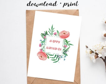 Printable Birthday Card, Instant Download, Watercolour Flower Burst Card for Her, 5x7