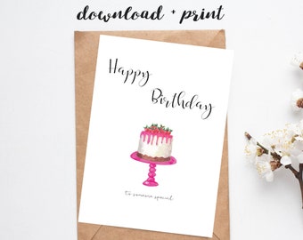 Printable Birthday Card, Instant Download, Watercolour Strawberry Cake on Pink Cake Stand, Card for Her, 5x7