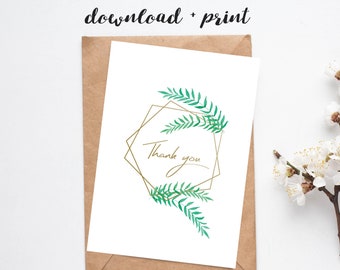 Printable Thank You Card, Instant Download, Watercolour Leaves with Gold Geometric Shapes, 5x7