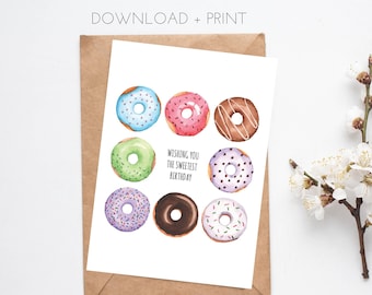 Printable Birthday Card, Instant Download Watercolour Donut Card, 5x7