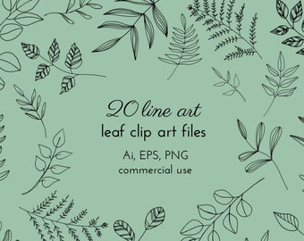 20 Leaf Clip Art PNG Elements Bundle, Vector Line Art Leaves, Ai, EPS, PNG with Transparent Background, Commercial License Included