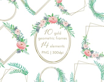 10 PNG Gold Geometric Frames Bundle + 14 Watercolour Elements, Flower Clip Art, Digital Download 300dpi, Commercial License Included