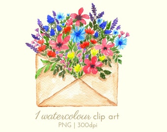 1 Watercolour Flower Clip Art, Wildflowers and Envelope Digital Download, PNG 300dpi, Commercial License Included