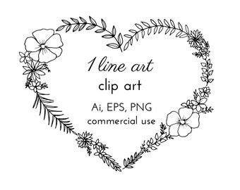 1 Floral Heart Frame Clip Art, Vector Line Art Flower Heart, Ai, EPS, PNG with Transparent Background, Commercial License Included