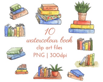 10 Watercolour Book Clip Art Files, Instant Download Book Illustrations, PNG 300dpi with Transparent Background, Commercial License Included