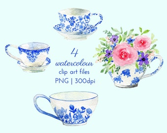 4 Watercolour Teacup Clip Art Files, Instant Download Tea Party PNG, 300dpi with Transparent Background, Commercial License Included