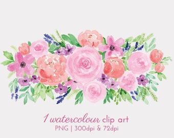 1 Watercolour Flower Clip Art, Digital Floral Arrangement for Wedding Invitations, PNG & Transparent Background, Commercial License Included