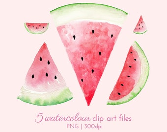 5 Watercolour Watermelon Clip Art Files, Instant Download Summer PNG, 300dpi with Transparent Background, Commercial License Included