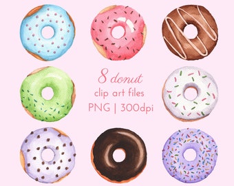 8 Watercolour Donut Clip Art Files, Instant Download Donut PNG, 300dpi with Transparent Background, Commercial License Included