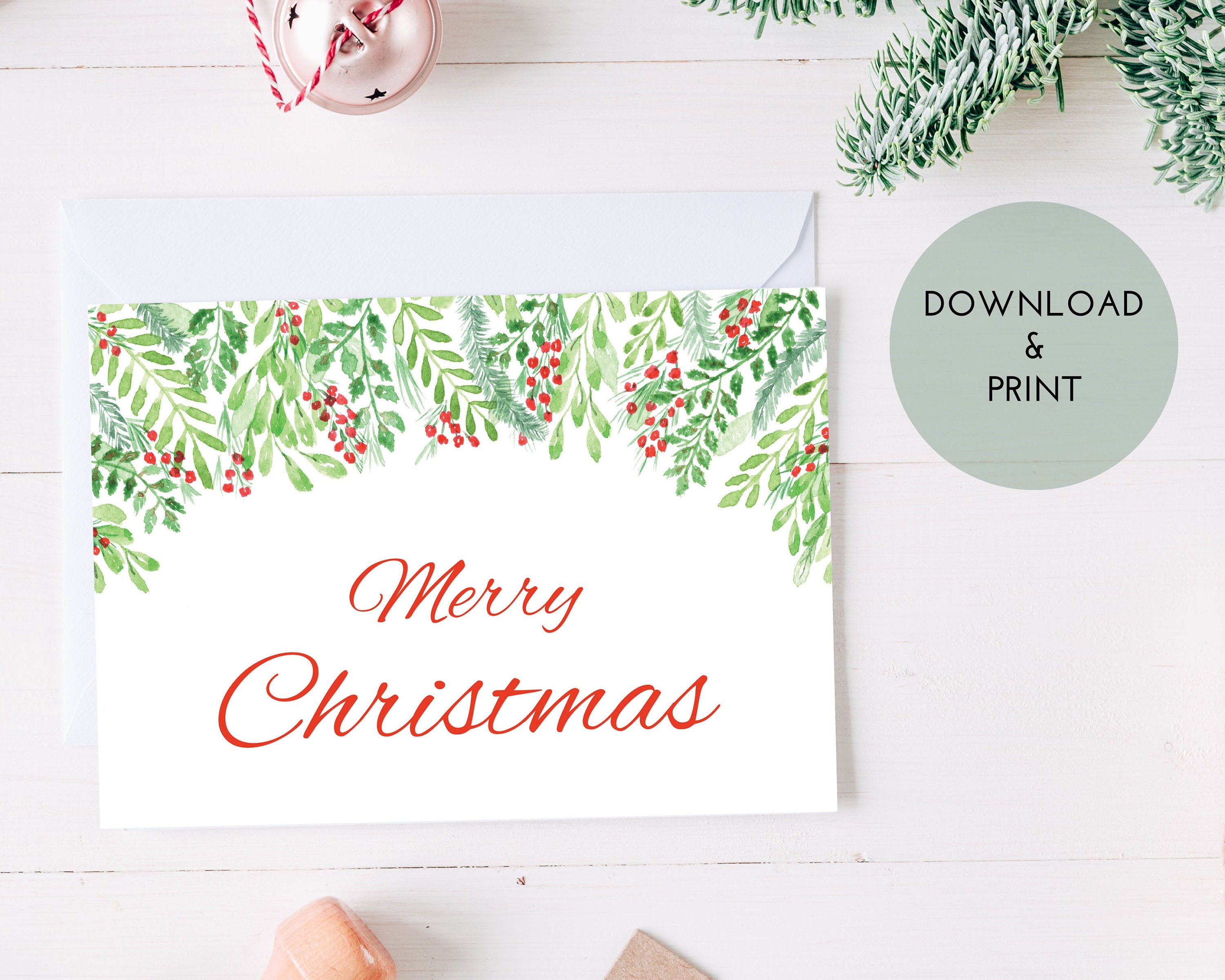 Printable Christmas Card Merry Christmas Leaves and Berries - Etsy