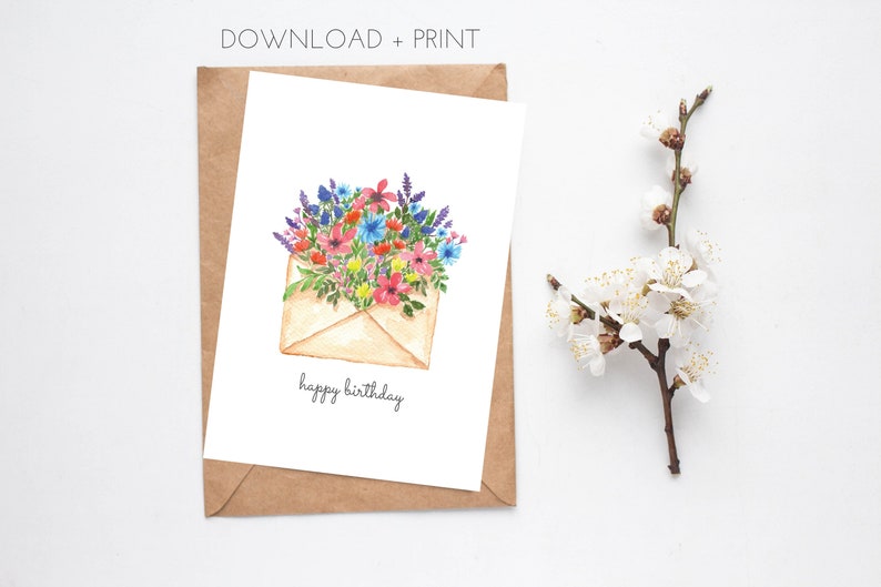 Printable Birthday Card for Her, Instant Download Watercolour Floral Card, 5x7 image 1