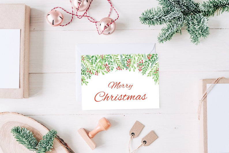 Printable Christmas Card Merry Christmas Leaves and Berries - Etsy