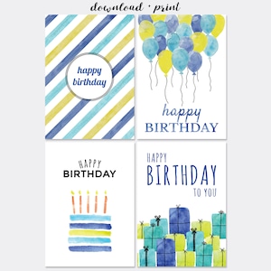 Tarjetas de cumpleaños imprimibles para él, descarga instantánea de tarjetas de acuarela en PDF, paquete de 4, 5x7, cortar y doblar